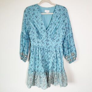 Anthropologie A Collective Story Blue Floral eyelet balloon sleeve Mini Dress XL